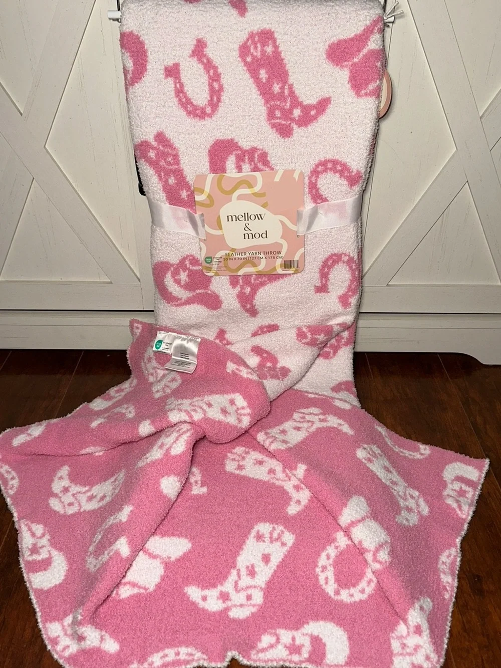 Mellow & Mod Pink Cowboy Boot Cowgirl Feather Yarn Throw Blanket